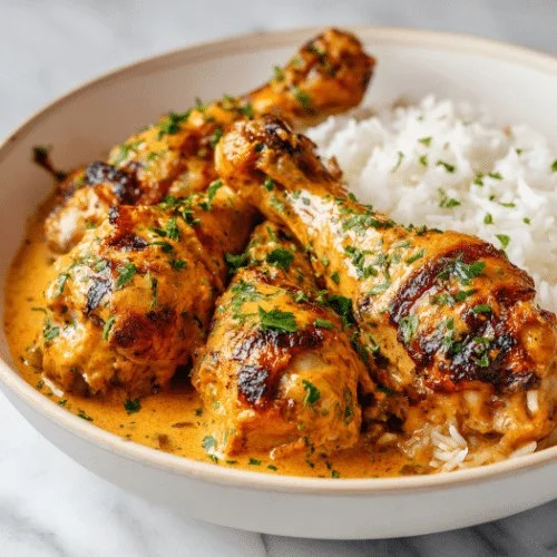 Creamy paprika chicken dish served with rice on a white plate