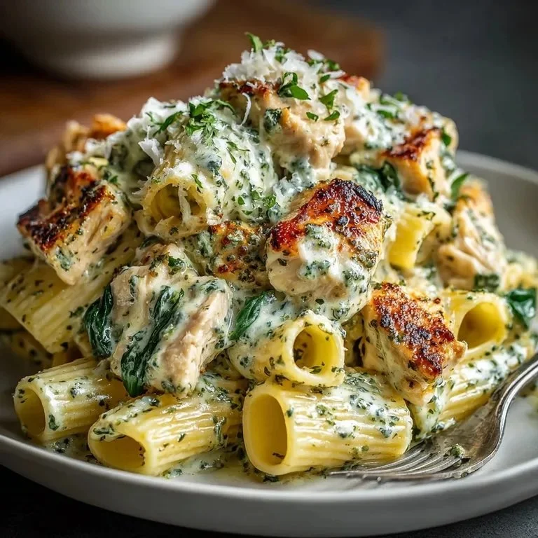 Creamy pesto chicken pasta bake garnished with fresh basil and cheese