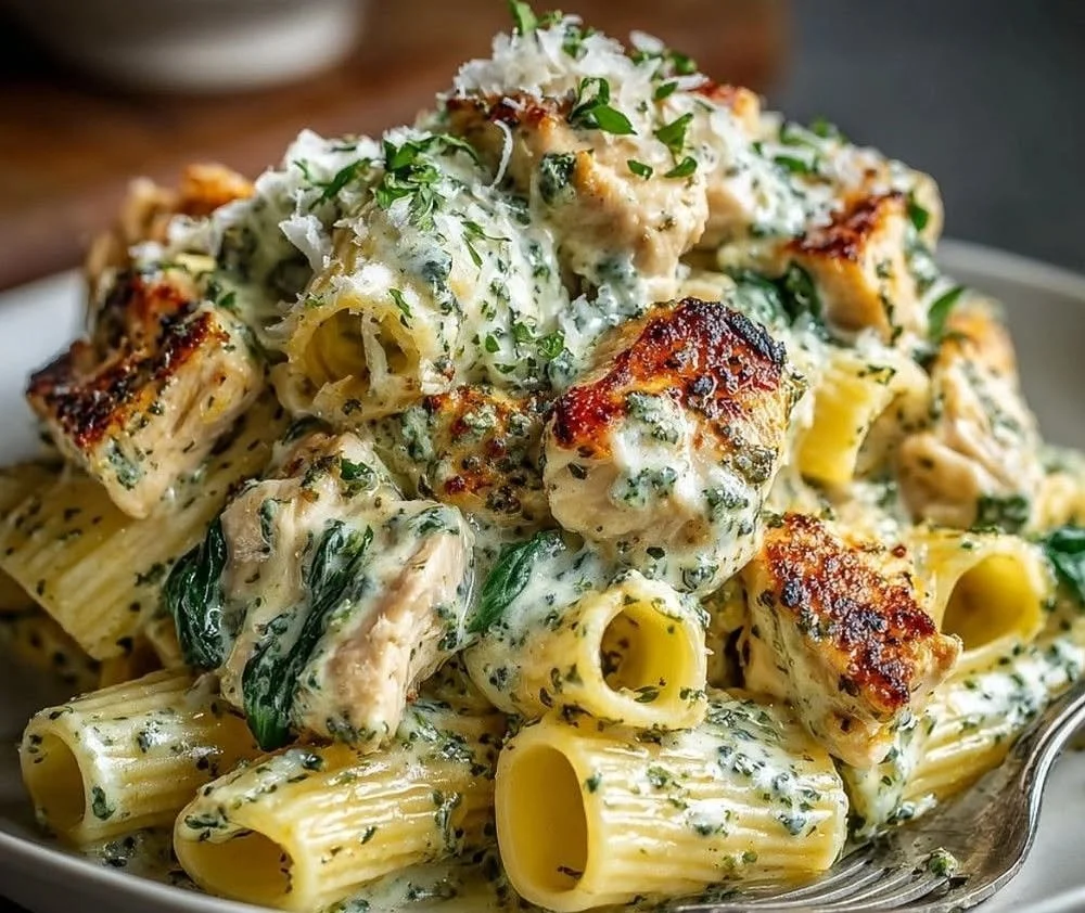 Creamy pesto chicken pasta bake topped with cheese and herbs
