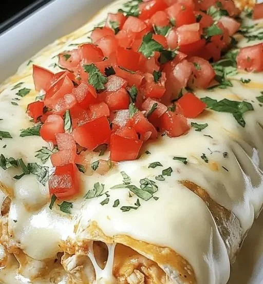 Creamy queso chicken enchiladas topped with cheese and green onions