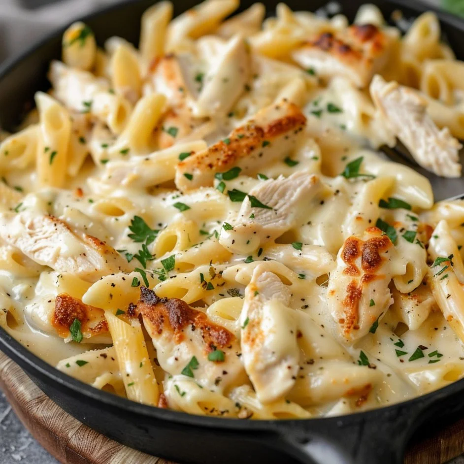 Creamy white cheddar chicken pasta served in a bowl with fresh herbs