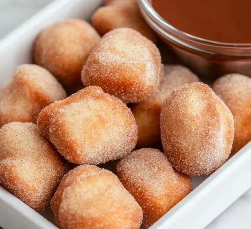 Crispy air fryer churro bites served with chocolate dipping sauce