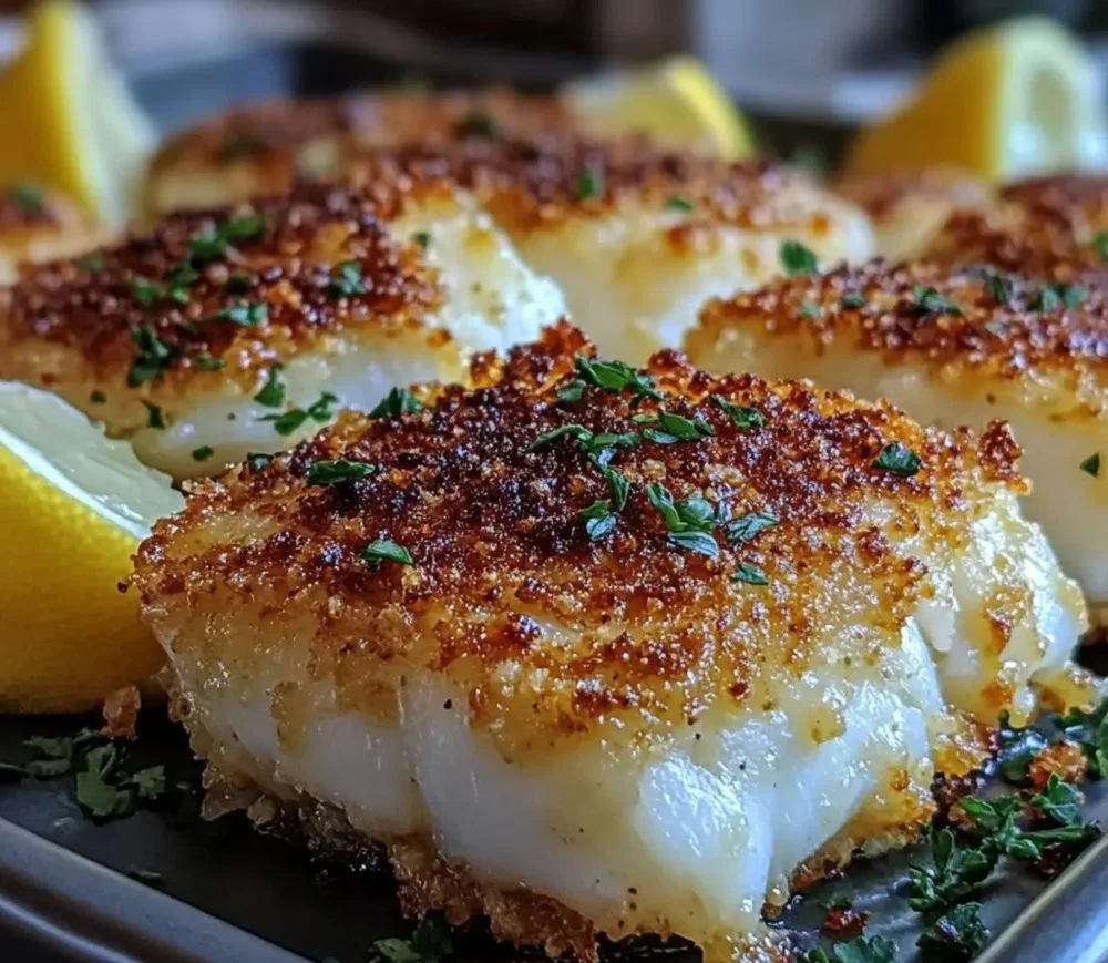 Plate of golden, crispy cod served with lemon wedges