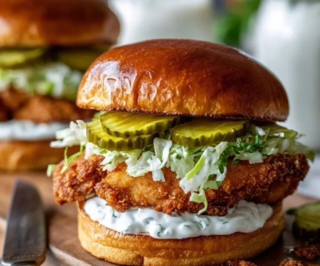 Crispy Dill Chicken Sandwich served with homemade aioli and garnished with fresh herbs