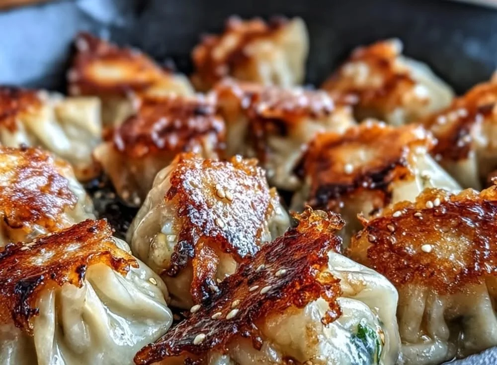 Plate of crispy pan-fried dumplings served with dipping sauce