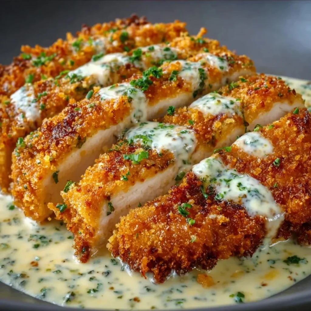 Crispy Parmesan Crusted Chicken served on a plate with herbs