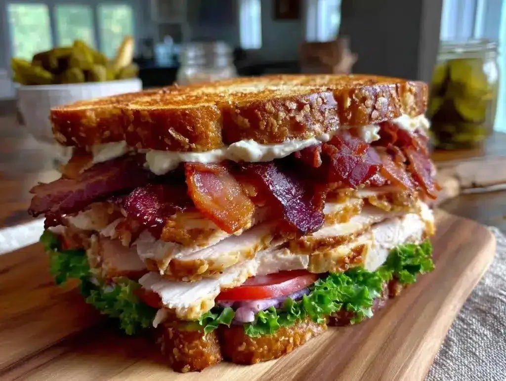 Crispy Ultimate Club Sandwich with layers of turkey, bacon, lettuce, and tomatoes