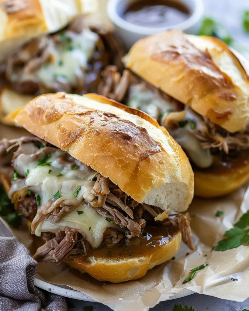 Crockpot French Dip Sandwiches served with dipping sauce