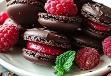 Delicious Dark Chocolate Raspberry Macarons on a decorative plate