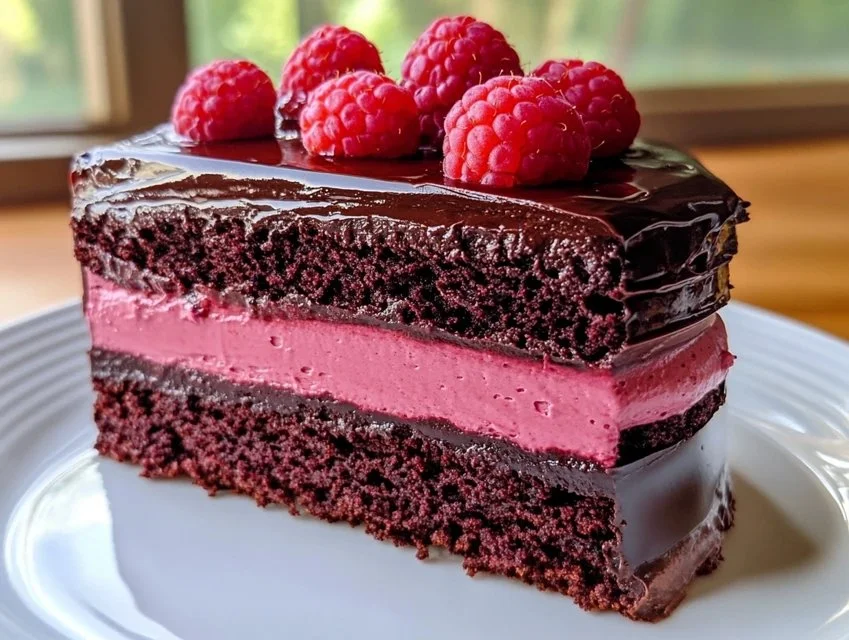 Delicious dark chocolate raspberry mousse cake topped with fresh raspberries