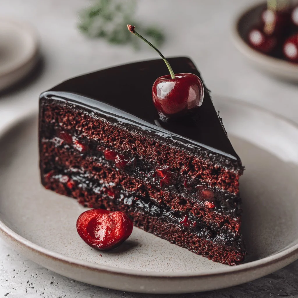 Decadent Dark Forest Cake with espresso and cherry filling served on a plate.