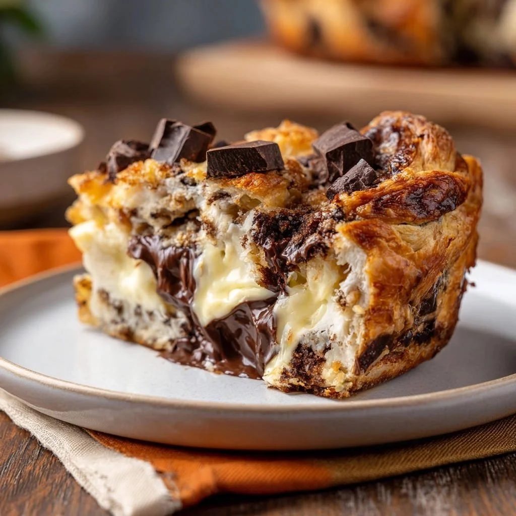 Decadent gooey chocolate cream cheese bread pudding served warm
