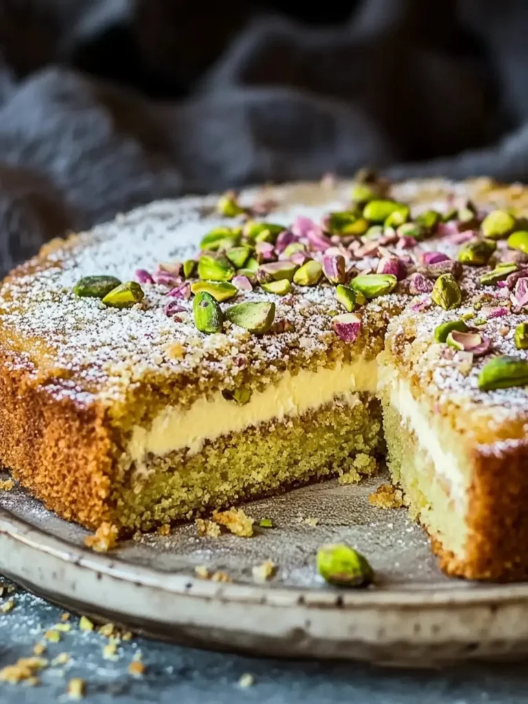 Decadent pistachio butter cake with a gooey texture and vibrant green color