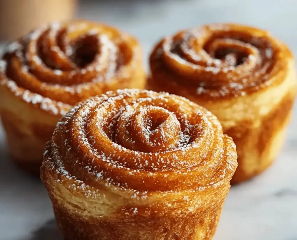 Delicious churro cruffins with cinnamon sugar topping on a plate