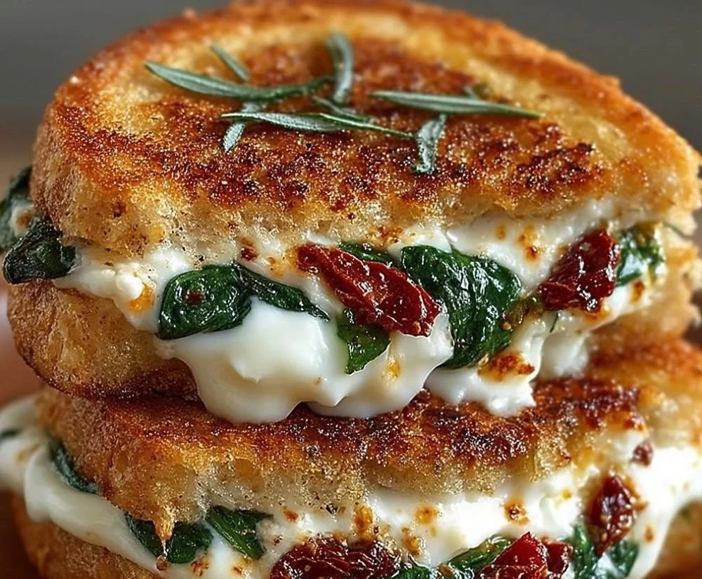Grilled cheese sandwich filled with sun-dried tomatoes, spinach, and creamy ricotta.