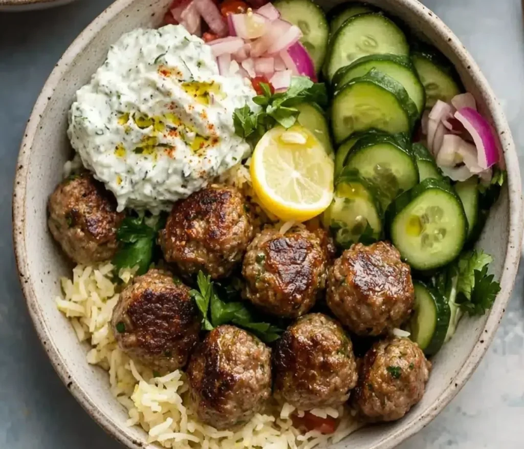 Delicious gyro bowls with meatballs, tzatziki sauce, and lemon rice served in a bowl.