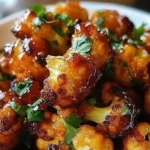 Bowl of delicious Maple Sriracha Cauliflower with a sweet and spicy glaze