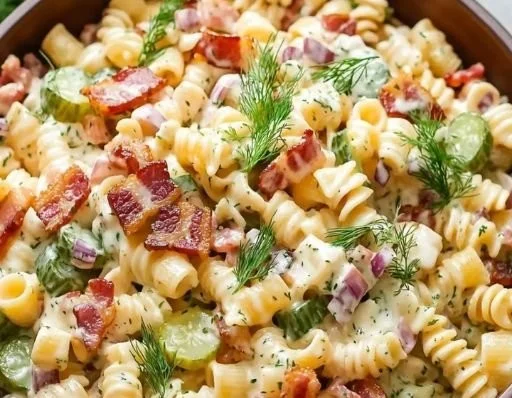 Bowl of Dill Pickle Bacon Pasta Salad with vibrant veggies