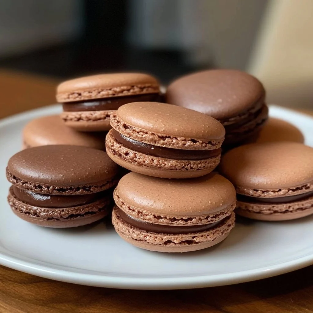 Delicious chocolate macarons filled with smooth ganache