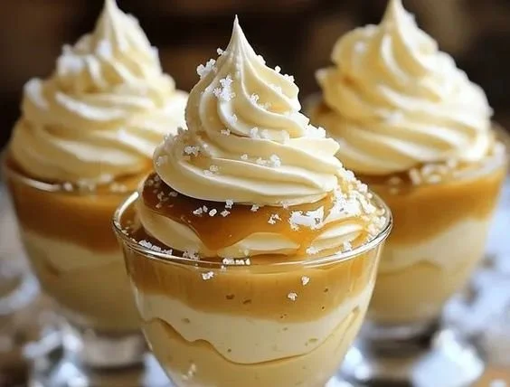 Dulce de Leche Cloud Mousse dessert with caramel drizzle and whipped cream