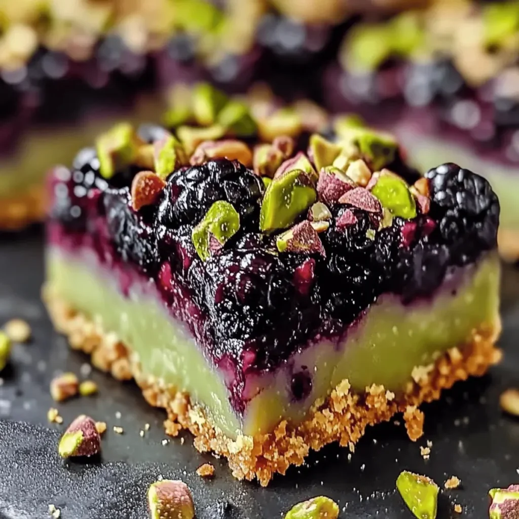 Deliciously layered easy blackberry pistachio dream bars on a platter.