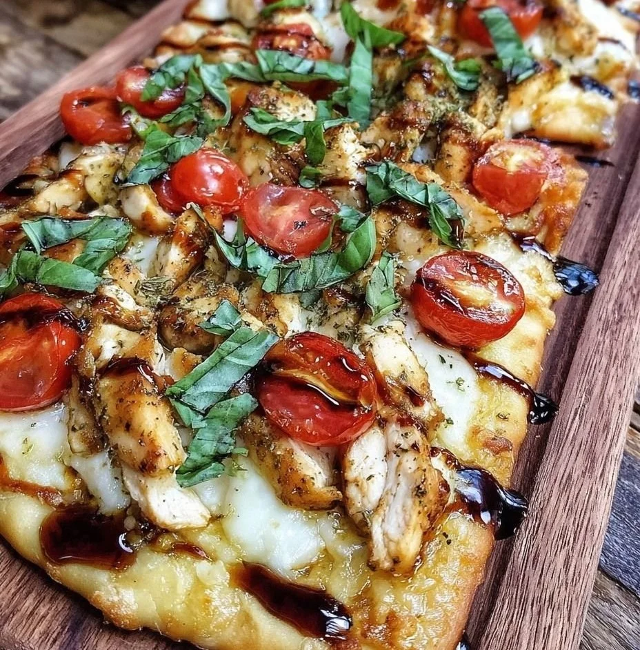 Easy Chicken Caprese Flatbread topped with chicken, tomatoes, and mozzarella cheese.