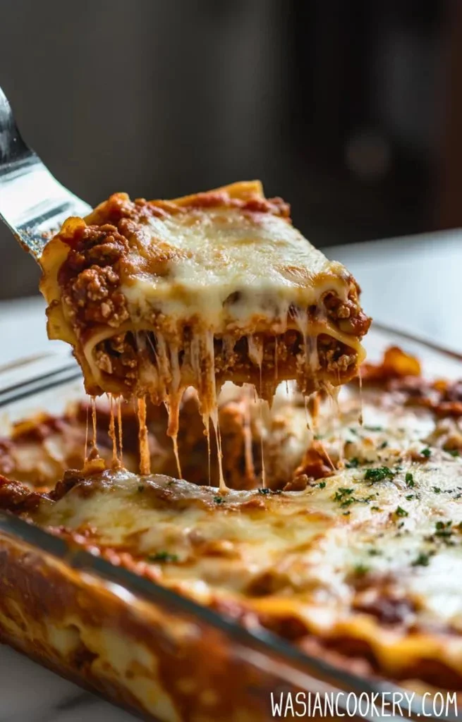 Easy homemade lasagna with layers of cheese and rich tomato sauce