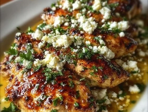 Easy hot honey feta chicken dish with feta cheese and honey glaze