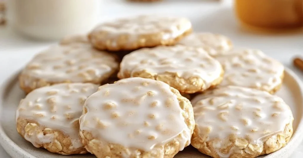 Easy no-bake cinnamon roll cookies topped with icing on a plate.