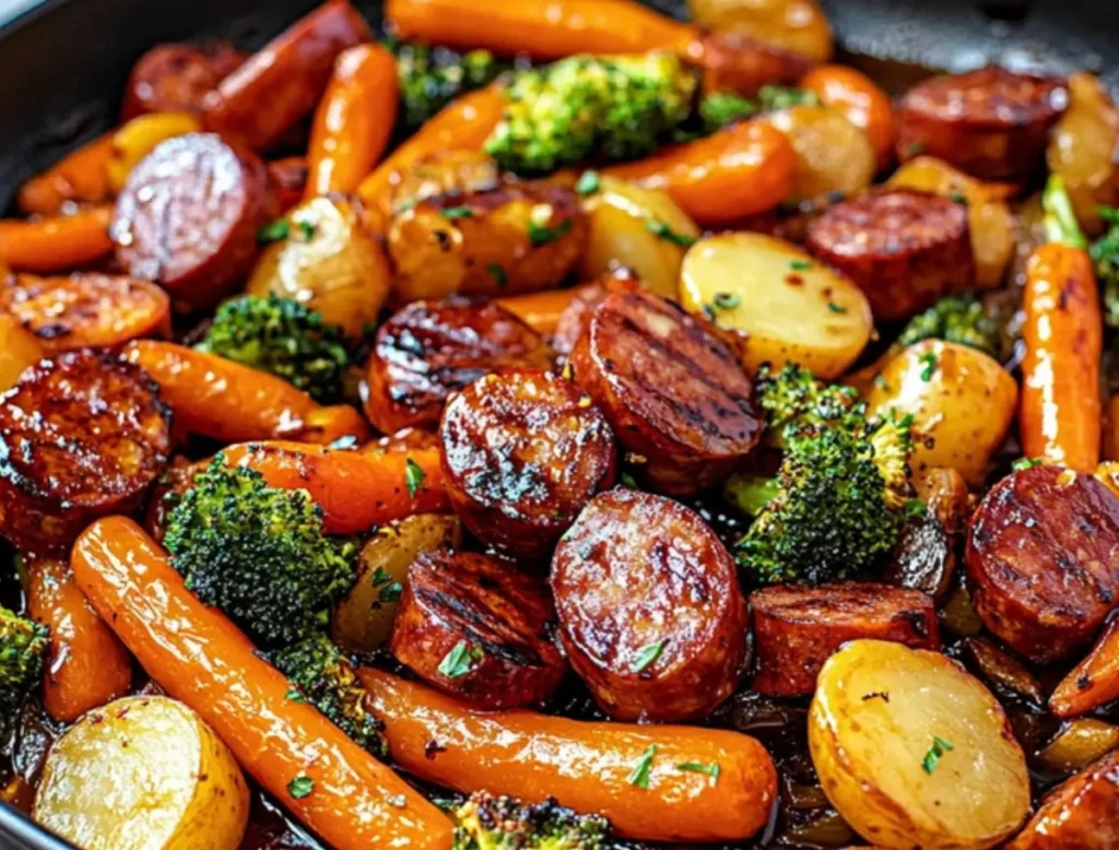 One-pan honey garlic sausage and veggies dish on a rustic wooden table