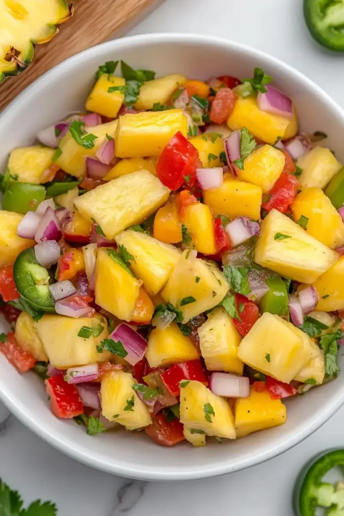 Bowl of easy pineapple mango salsa with fresh ingredients