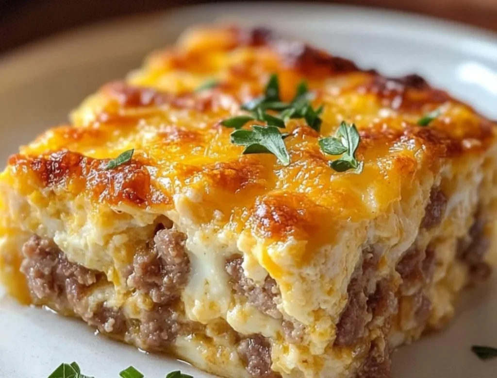 Easy sausage and egg casserole served in a baking dish