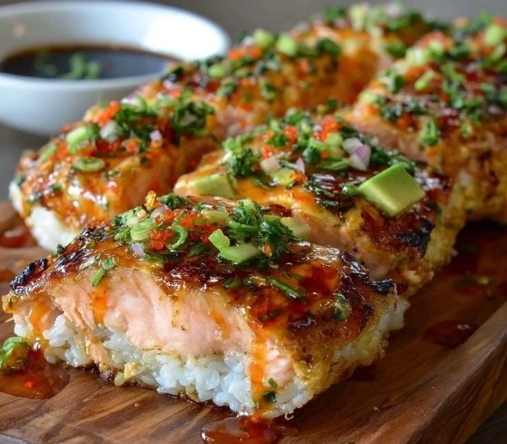 Easy spicy salmon sushi bake dish topped with creamy sauce and green onions.