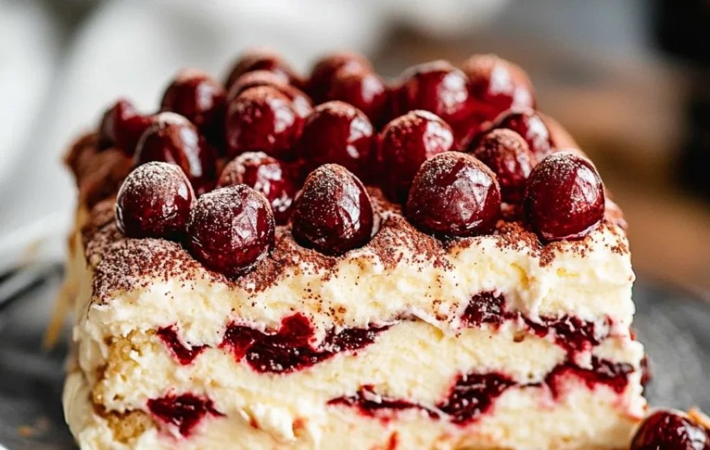 Elegant Cherry Amaretto Tiramisu dessert with cherries and amaretto flavor