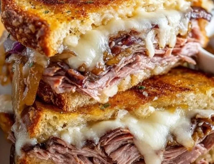 Delicious French Dip Grilled Cheese sandwich with melted cheese and beef dip