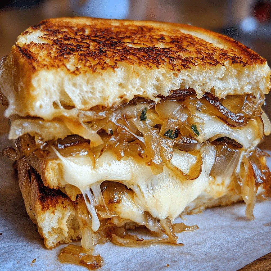 Delicious French onion grilled cheese sandwich with melted cheese and caramelized onions