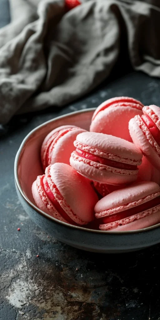 French strawberry macarons with pink shells and strawberry cream filling