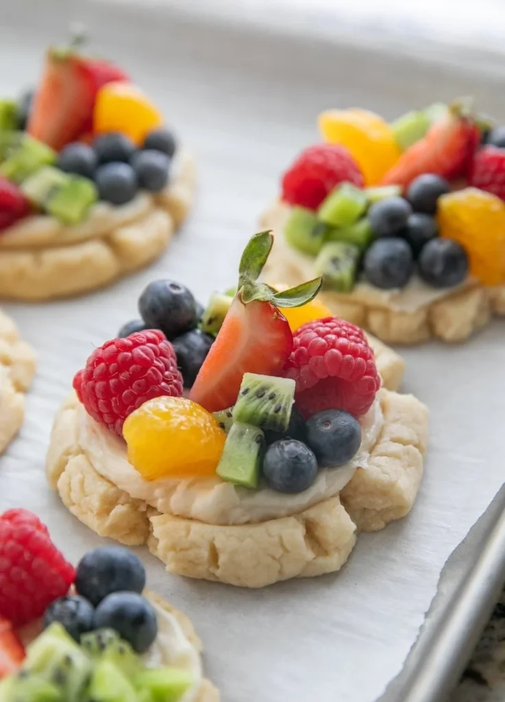 Fruit pizza cookies topped with fresh fruit and creamy frosting