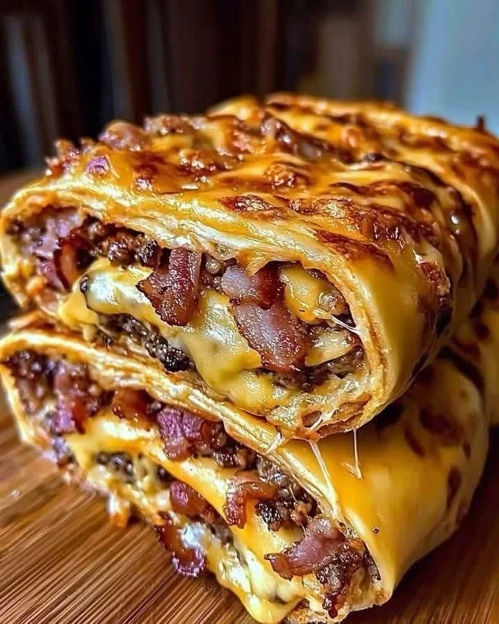 Garlic Butter Bacon Cheeseburger Rollups ready to serve on a plate.