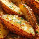 Crispy Garlic Parmesan Potato Wedges on a plate with herbs.