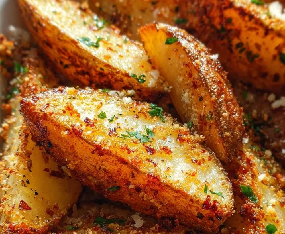 Crispy Garlic Parmesan Potato Wedges on a plate with herbs.