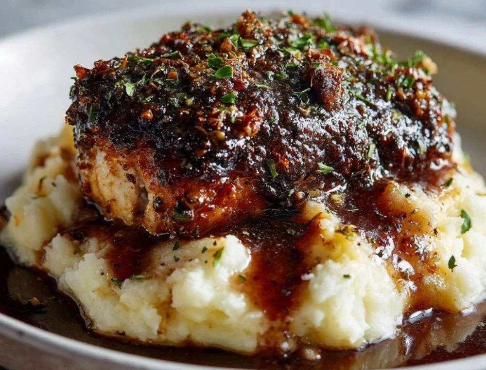 Glazed garlic herb chicken breast served with creamy mashed potatoes and pan sauce
