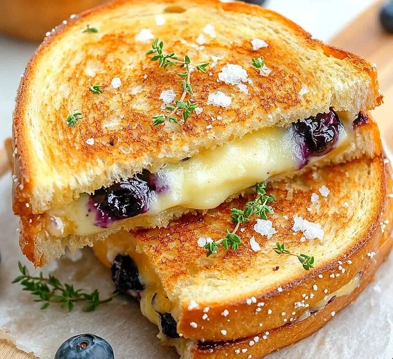 Gourmet blueberry grilled cheese sandwich with melted cheese and blueberries
