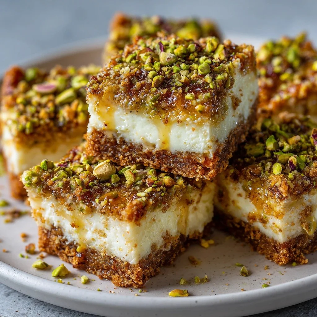 Delicious Greek Honey Pistachio Cheesecake Bars with a rich filling and crunchy topping
