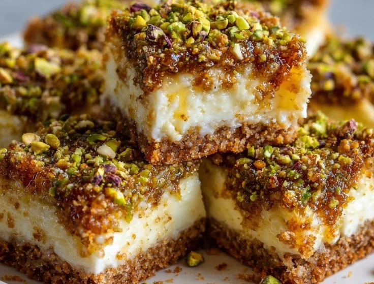 Delicious Greek Honey Pistachio Cheesecake Bars with a creamy texture and nutty topping