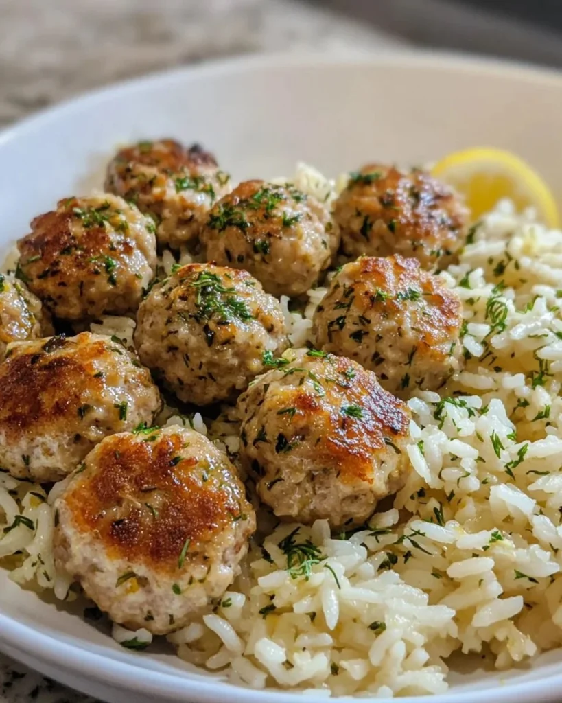 Delicious Greek Turkey Meatballs with Lemon Herb Rice on a plate