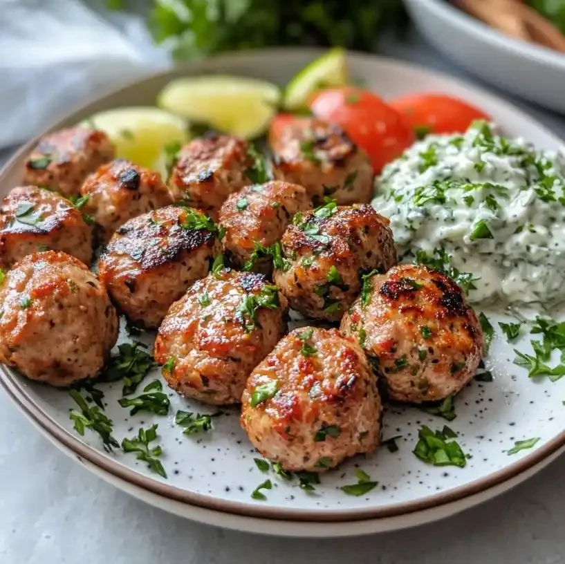Greek Turkey Meatballs served with tzatziki sauce on a plate