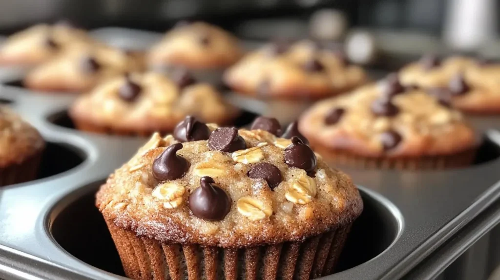 Greek Yogurt Banana Oatmeal Muffins on a plate, healthy and delicious snack
