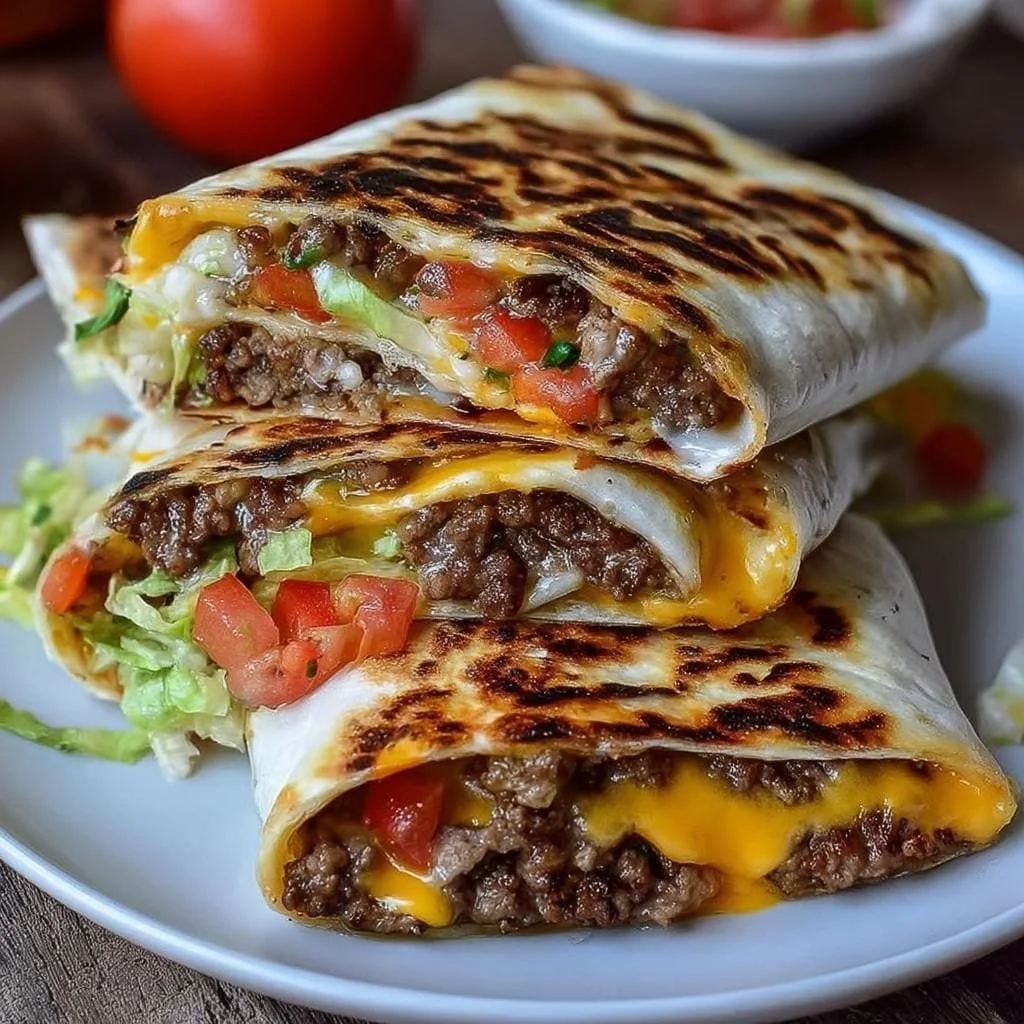 Delicious grilled cheeseburger crunch wraps filled with beef and cheese