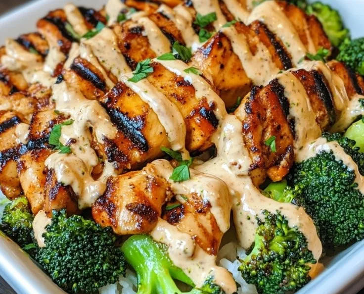 Grilled chicken and broccoli bowls with creamy garlic sauce garnish